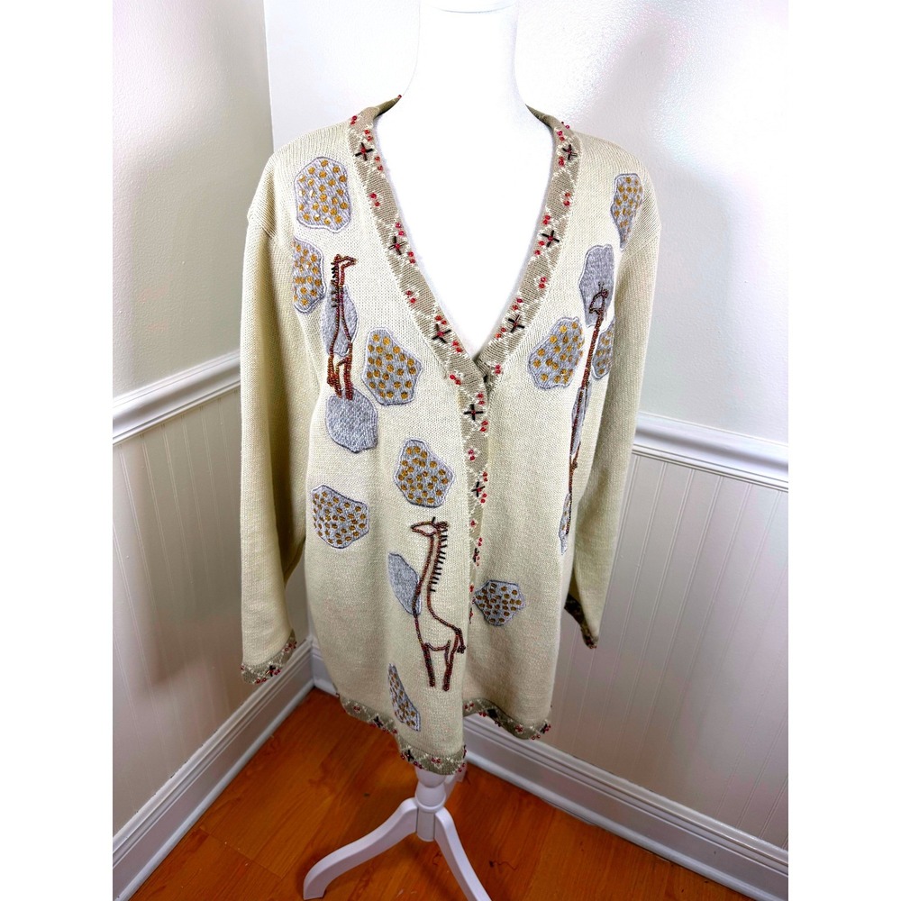 Storybook Knits Vintage Cream‎ Giraffe Embroidered Beaded Cardigan Sweater L